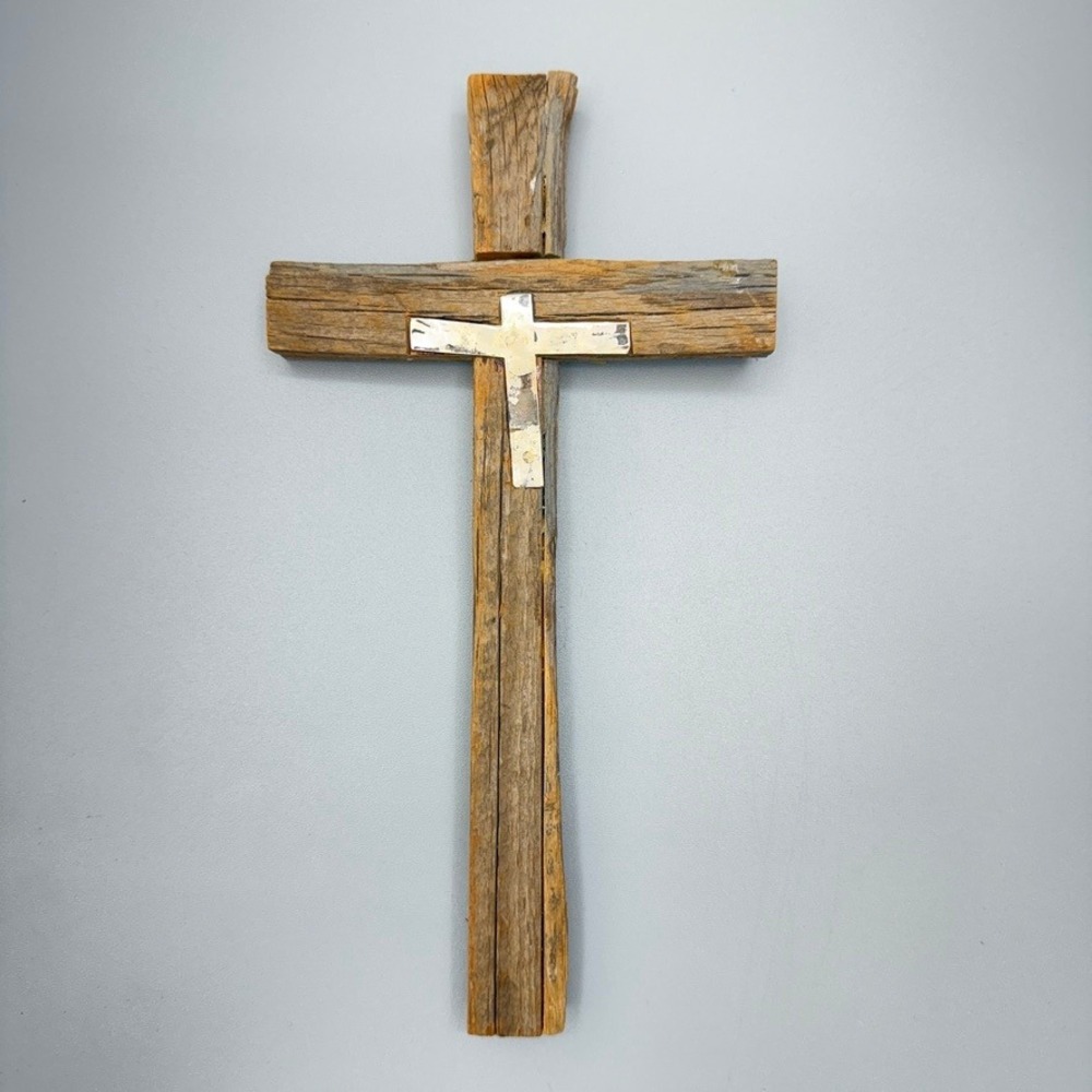 Vintage Brutalist Wood Metal Wall Cross Handcrafted Rustic Signed Hap Crawford